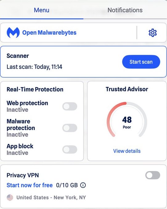 スキャン後のMalwarebytesの画面。目安は48点に上がったがPoorのまま