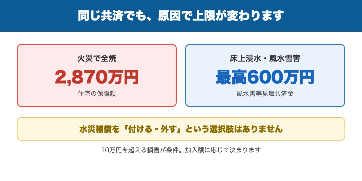 新型火災共済の水災の扱い。火災は2,870万円、床上浸水は最高600万円